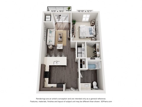 Floor plan for 1 bed, 1 bath, 703 sqft